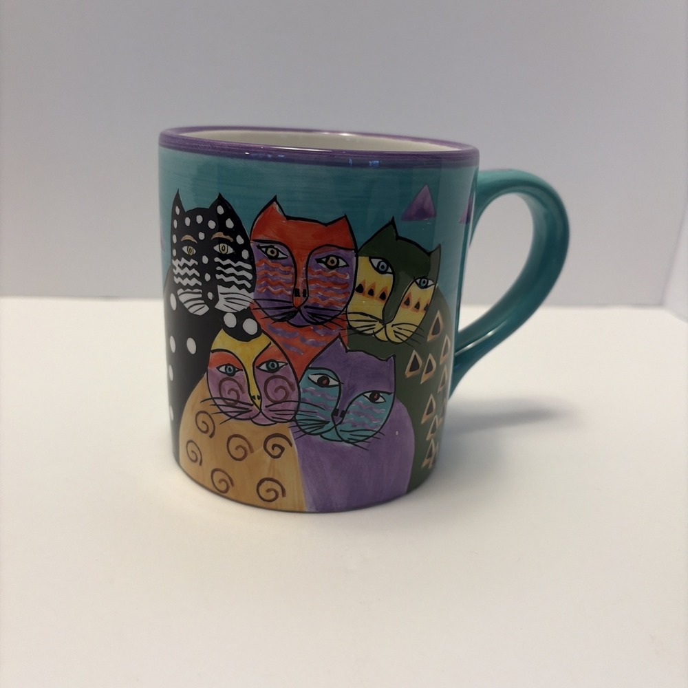 Laurel Burch 1994 Mug Blue and Purple Five Cats Coffee Tea Cup Colorful Artsy